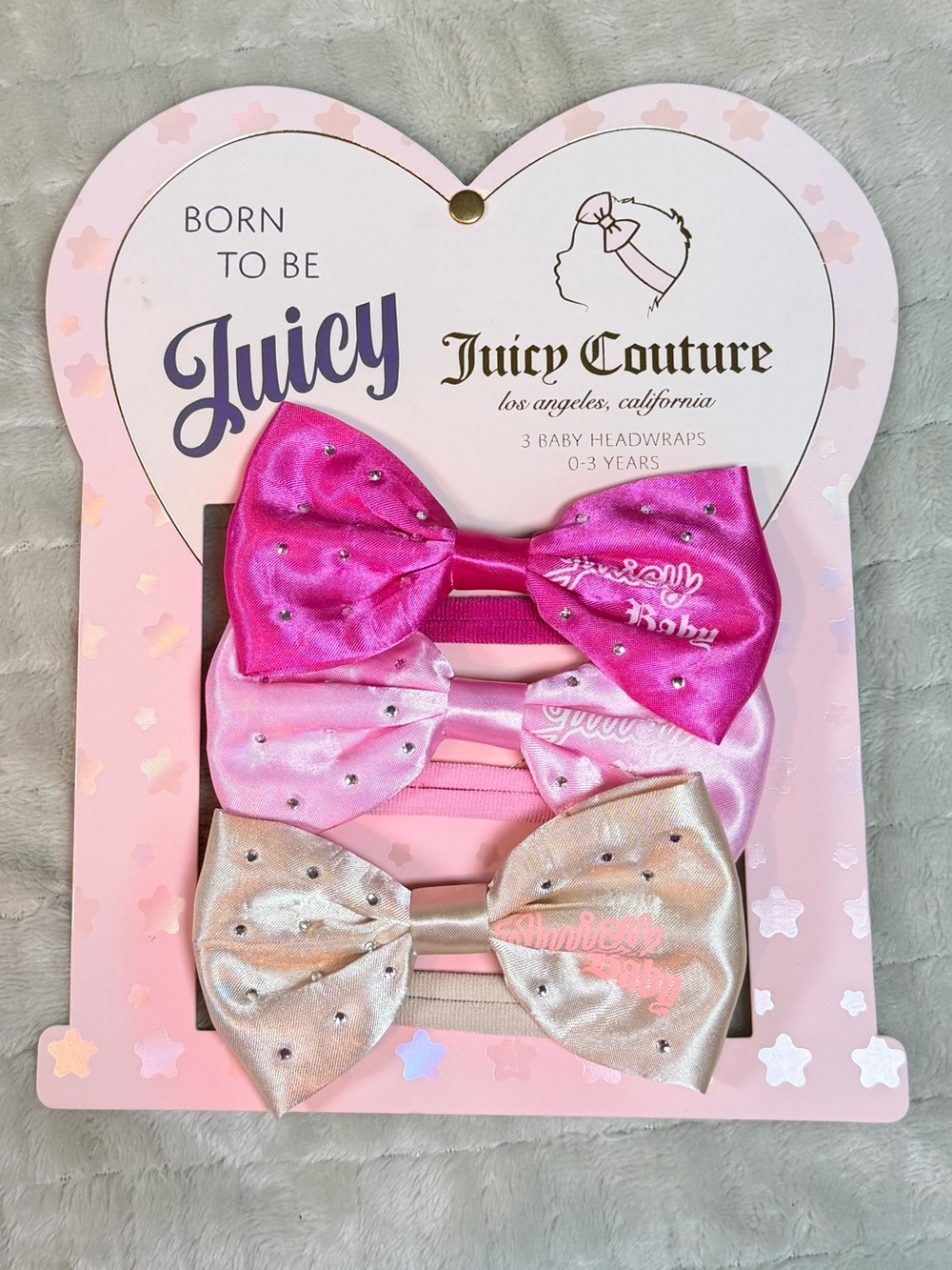 Juicy Couture Baby Headwraps 3 Pack Satin Bow Rhinestone 0-3 Months NWT - Picture 2 of 9